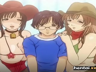 Nerd gets cock between busty babes tits - Boobalicious - Hentai.xxx