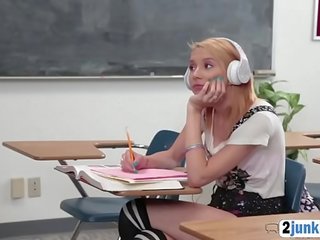 Nasty teen blonde strumpet fucked hard by a teacher on detention class